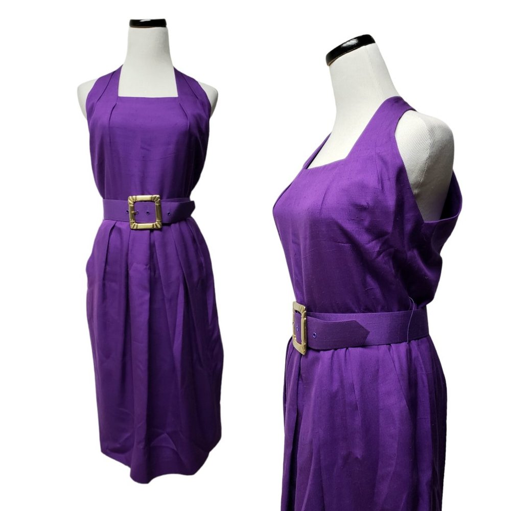 90s Gillian purple silk sleeveless pleated dress and statement buckled belt set